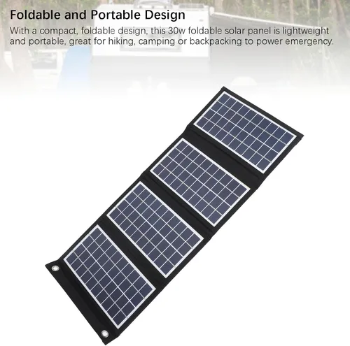 Miniatura 5 de Panel solar portátil, cargador de panel solar plegable de 30 W 5 V con salidas USB duales, panel solar a prueba de agua de 4 pliegues con 2 ganchos