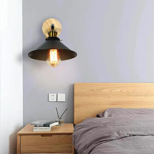Miniatura 2 de Juego de 2 apliques de pared Vintage Negros, con Base de Madera de 1 luz, interruptor de cadena y diseño cónico. Ideal para mesilla de Noche, sala