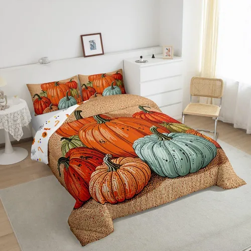 Miniatura 4 de Juego de edredón de calabaza para niños, edredón acolchado de calabazas de dibujos animados, tamaño individual, juego de ropa de cama a cuadros