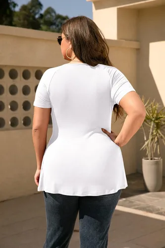 Miniatura 4 de TIANZHU Blusa de manga corta para mujer, talla grande, cuello en V, corte bajo, linda blusa