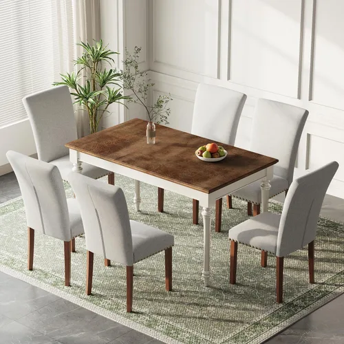 Juego de 6 sillas de comedor de granja, respaldo alto con patas de madera y ribete de cabeza de clavo, silla de comedor de tela moderna para Tela