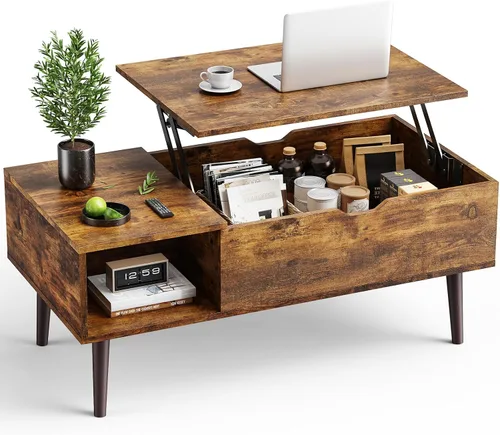 Miniatura 9 de OLIXIS Mesa de Centro de Café de Madera con Tapa Elevable con Compartimento Oculto y Estante de Almacenamiento Grande, Mesa de Comedor Central