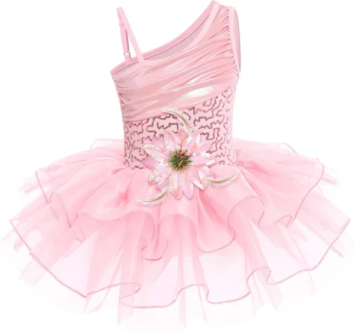 IDOPIP Vestido de ballet con lentejuelas y un hombro para niñas pequeñas, tutú con volantes, falda de bailarina, 3-10 años