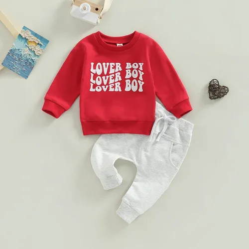 Miniatura 2 de Conjunto de 2 piezas de sudadera de manga larga con cuello redondo y pantalones casuales para bebés y niños pequeños