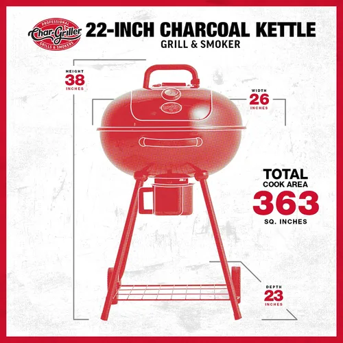 Miniatura 7 de Char-Griller CG30040725 Parrilla de Carbón Tipo Kettle de 22 pulgadas y Ahumador - Acero, Negro - 363 pulgadas cuadradas de Área de Cocción