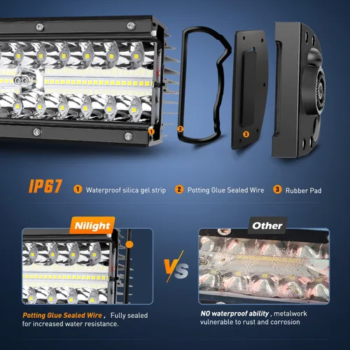 Miniatura 6 de Nilight - Barra de luz LED de 9,5 pulgadas, triple fila, haz de inundación y foco combinado, 64 LED, luces de niebla, para conducción, trabajo