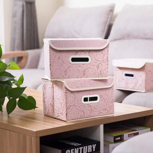 Miniatura 2 de PRANDOM Cajas de Almacenamiento Plegables con Tapas Cubos de Almacenamiento Decorativos de Tela Organizadores Contenedores Cestas con Tapa Asas Rosa