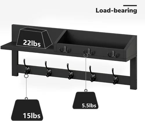 Miniatura 7 de AMBIRD Ganchos de pared con estante, ganchos de abrigo de madera para entrada de 26.57 pulgadas para pared, perchero de pared montado en pared con 5