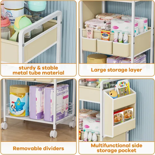Miniatura 4 de JBBTOOL Organizador de pañales 2 en 1 y carrito de pañales rodante de 3 niveles, organizador de pañales con divisores y bolsillos, carrito móvil