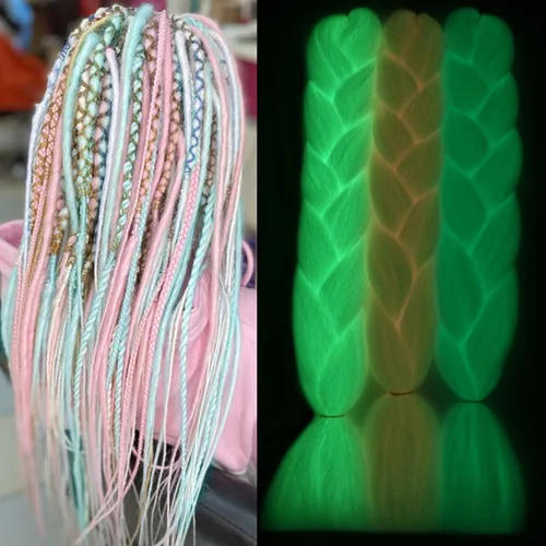 Miniatura 3 de Extensiones de cabello trenzado jumbo coloridas que brillan en la oscuridad para trenzas de arco iris de 24 pulgadas, 3 piezas (blanco/rosa/verde)