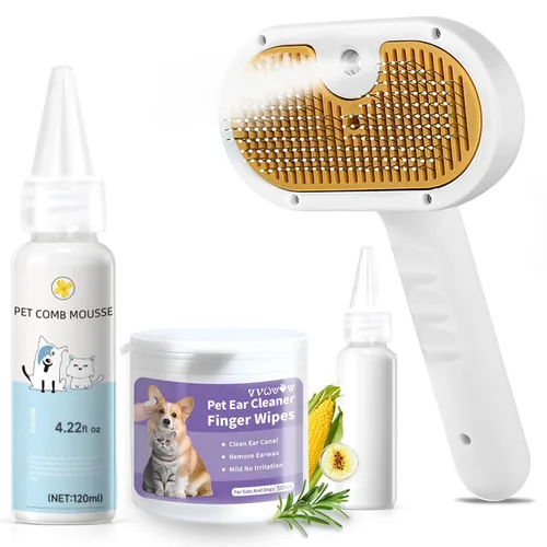 Miniatura 14 de Juego de cepillos de vapor para mascotas 3 en 1 para perros y gatos, peine de aseo con aerosol, herramienta de desfurado, depilación asistida por