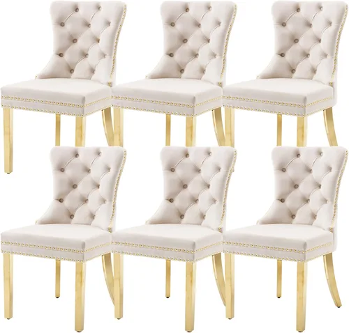 Miniatura 18 de KCC Nikki Collection - Juego de 4 sillas de comedor de terciopelo tapizadas de alta gama con anillo trasero de clavo, patas de madera maciza