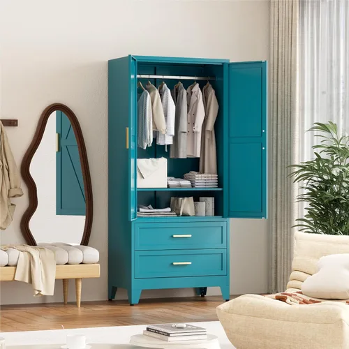 Miniatura 2 de Washsemba - Armario de guardarropas de metal de casa rural de 71'' con barra para colgar, 2 armarios de puerta de granero con estantes ajustables, 2