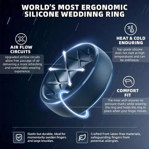 Miniatura 8 de Egnaro Anillos de boda de silicona para hombre: 1/4/6/7 Multipack de anillos de boda de goma con arco interior Diseño ergonómico transpirable