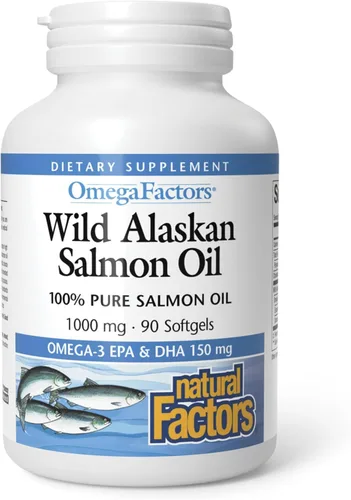 Omega Factors de Natural Factors, Aceite de Salmón Salvaje de Alaska, Apoya la Salud del Corazón y el Cerebro con Omega-3 DHA y EPA, 90 Cápsulas