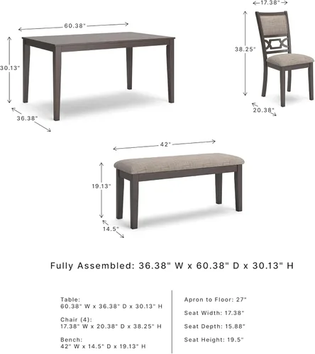 Miniatura 2 de Signature Design by Ashley Wrenning - Juego de mesa de comedor con estampado de diamantes, 4 sillas tapizadas y banco, asientos para 6, madera, gris