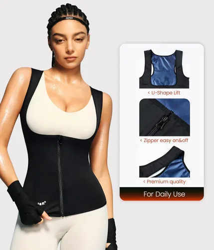 Miniatura 3 de Junlan Traje de sauna para mujer, chaleco entrenador de cintura para mujer, camiseta sin mangas moldeadora para sudar para mujer con cremallera Azul