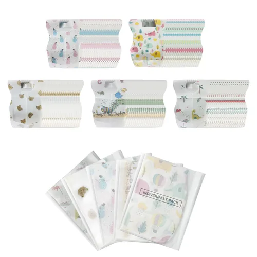 100 PCS Disposable Bibs for Toddlers, 5 Patterns Individually Packaged Baby Bibs with Catcher and Waterproof Liner for Boys Girls Eating, Baby