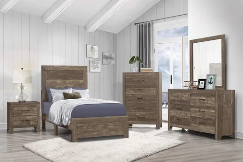 Miniatura 6 de NewCosmos Mesita de noche de cajones con acabado marrón rústico de aspecto simple, muebles de dormitorio de metal negro