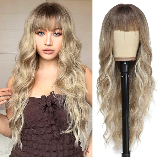 Miniatura 37 de NAYOO Pelucas marrones con flequillo para mujer, pelucas de cabello largo y ondulado, resistentes al calor, pelucas de fibra sintética para uso