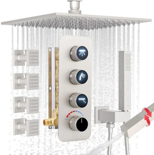 Miniatura 31 de Enga Sistema de cabezal de ducha doble, cabezal de ducha LED de lluvia de 14 x 20 pulgadas con cabezal de pared de 6 pulgadas, juego de grifo de Oro