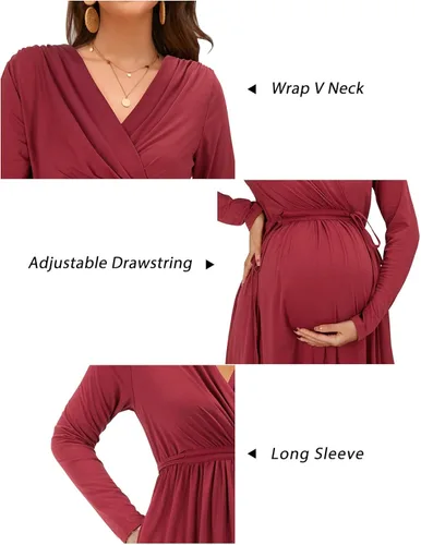 Miniatura 6 de OUGES Vestido de maternidad para mujer 2023, manga larga, cuello en V, vestidos de embarazo con bolsillos