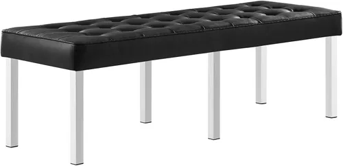 Modway Banco grande tapizado de piel sintética con botones copetudos en color negro plateado