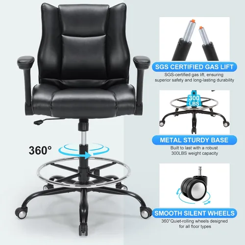 Miniatura 9 de Silla de dibujo de oficina, silla de escritorio alta con reposabrazos ajustables y reposapiés, silla de escritorio de piel sintética con cojín