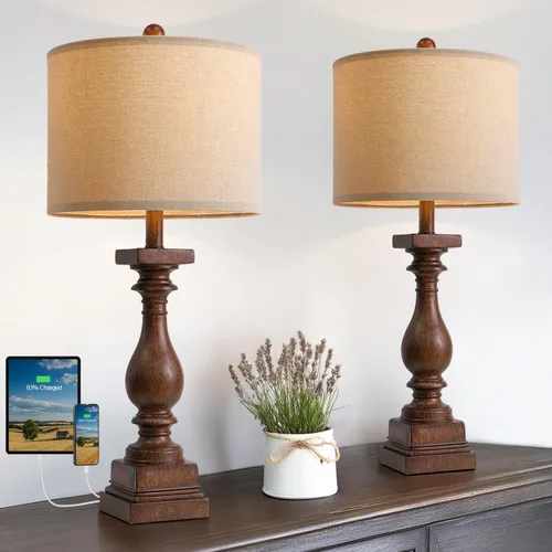 Miniatura 20 de BOBOMOMO Juego de 2 lámparas de mesa estilo granja de 27 pulgadas con USB A+C para dormitorio, sala de estar, lámparas vintage rústicas