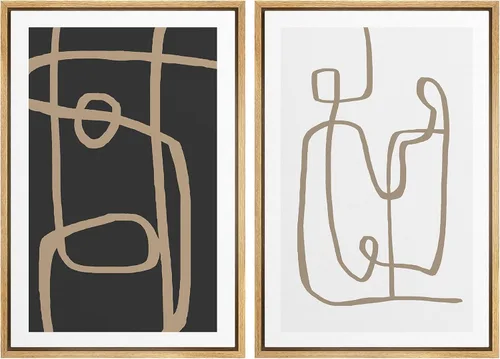 Miniatura 135 de SIGNWIN Lienzo enmarcado para pared, juego de arte de collage de ondas en espiral de mediados de siglo, formas abstractas, acogedor, neutro
