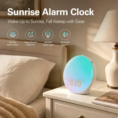 Miniatura 4 de Reloj Despertador de Luz de Amanecer para Dormitorio, 17 Luces Nocturnas, Máquina de Sonido con Altavoz Bluetooth de 5W, 25 Sonidos Relajantes