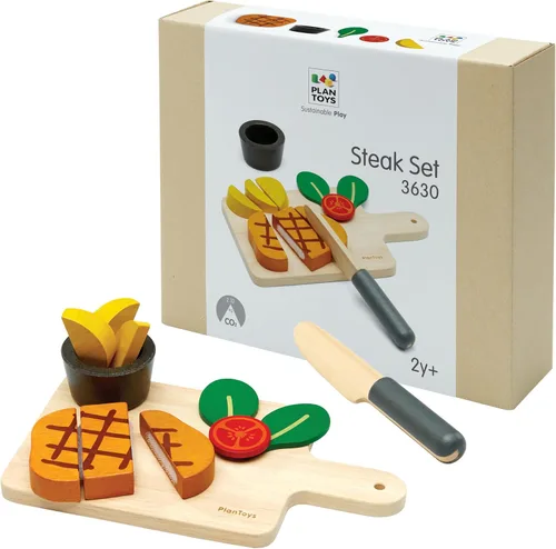 Miniatura 12 de PlanToys Juego de alimentos para fiesta de cumpleaños de dos caras (3488) Hecho de forma sostenible de madera de goma y pinturas y tintes no Juego