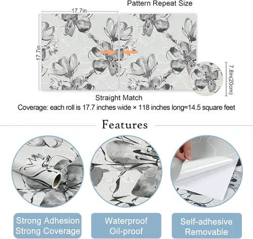Miniatura 7 de VaryStyle Papel tapiz floral de tinta de 17.7 x 118 pulgadas, papel tapiz floral gris y blanco, papel de contacto vintage neutro para pared, papel