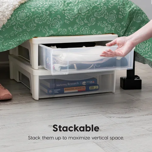 Miniatura 8 de IRIS USA 22 Qt Almacenamiento bajo la cama, organizador apilable de plástico con cajón deslizante, paquete de 2 unidades, multiusos para ropa