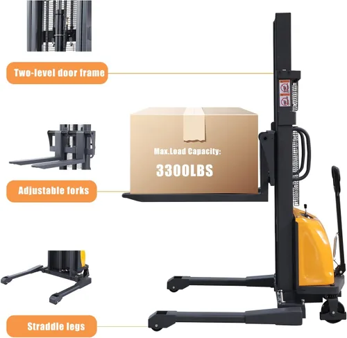 Miniatura 5 de APOLLO Apilador de paletas semi eléctrico Economy Hand Pallet Lift Stacker Carretilla elevadora con patas de horquilla 3300lbs Capactiy 98" Altura