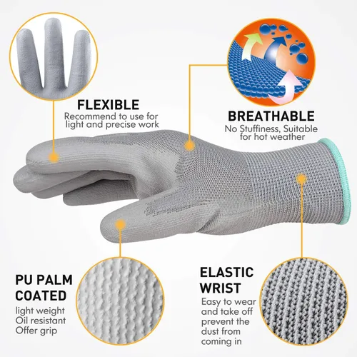 Miniatura 2 de Guantes de trabajo de seguridad ultrafinos con revestimiento de poliuretano (poliuretano), 12 pares, ideales para trabajos ligeros (gris, pequeño)