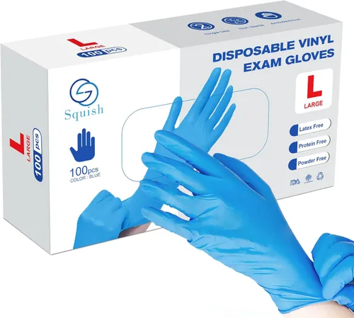 Miniatura 8 de squish Guantes desechables, color azul, de vinilo Synmax, guantes de examen no estériles, sin polvo, sin látex, suministros de limpieza, seguros