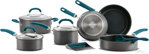 Miniatura 8 de Rachael Ray Create Delicious - Juego de ollas y sartenes antiadherentes anodizadas duras, 11 piezas, color gris con asas verde azulado