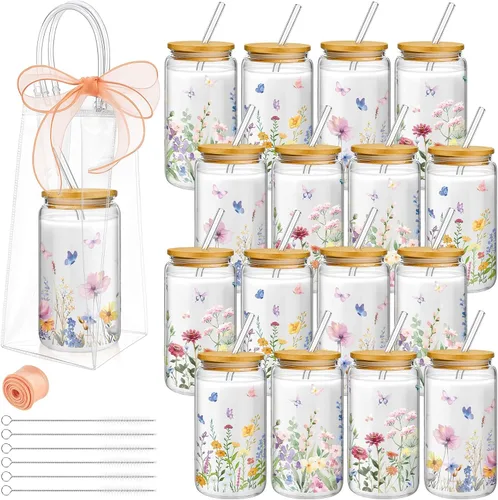Miniatura 10 de Mumufy 6 Juegos de Tazas de Vidrio Florales Bohemias con Bolsa de Regalo Transparente de 16 onzas, Tazas de Café Helado Reutilizables con Flores