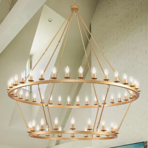 Miniatura 10 de Candelabro grande de 60 pulgadas de rueda de vagón negro, lámpara colgante redonda de 54 luces de 2 niveles estilo industrial de granja para porche