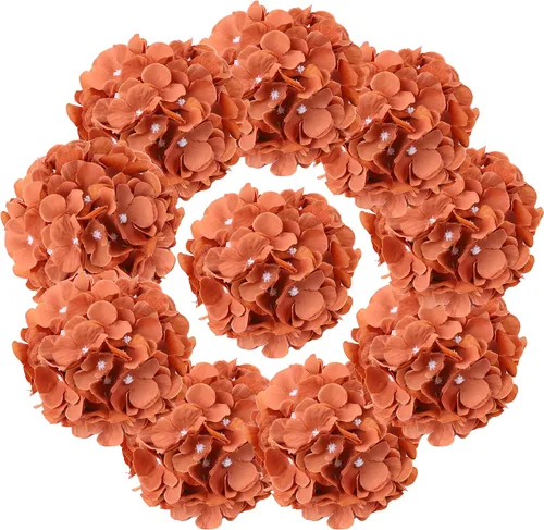 AVIVIHO Flores artificiales de color naranja quemado, hortensias falsas, 10 unidades, flores de seda de hortensias completas con tallos para otoño,