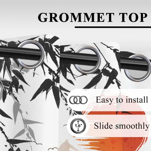 Miniatura 116 de Cortinas japonesas con pintura de tinta, monte Fuji, sol rojo, puesta de sol, hojas de bambú, cortinas de ventana para dormitorio, sala de estar