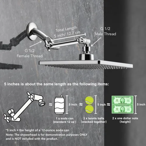 Miniatura 5 de Brazo de extensión para cabezal de ducha ajustable de 5 pulgadas, con tornillo de fijación con seguro, de latón cromado con ángulo ajustable