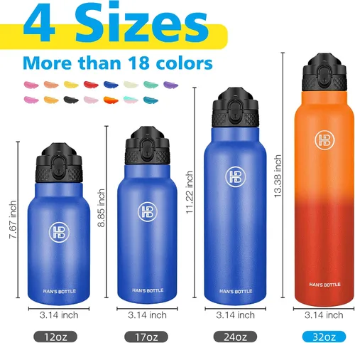 Miniatura 2 de Han's Bottle Botella de agua deportiva de 32 onzas, tapa con pajilla, a prueba de fugas, acero inoxidable aislado al vacío, doble pared, taza Fuego