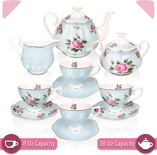 Miniatura 3 de BTaT - Juego de té floral para adultos, 13 piezas, servicio para 4, olla (38 onzas) y tazas (8 onzas) con platillos, diseño floral azul pastel