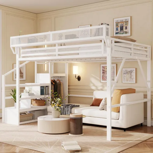 Miniatura 13 de Mirightone - Cama alta tamaño individual con escaleras y almacenamiento, base de cama de metal, estante de noche y gran espacio debajo, resistentes