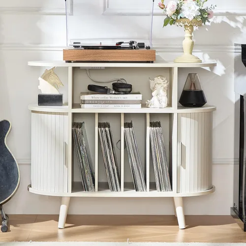Miniatura 17 de LELELINKY - Soporte grande redondo para tocadiscos con estación de carga y estante de exhibición acanalado, gabinete para tocadiscos color negro