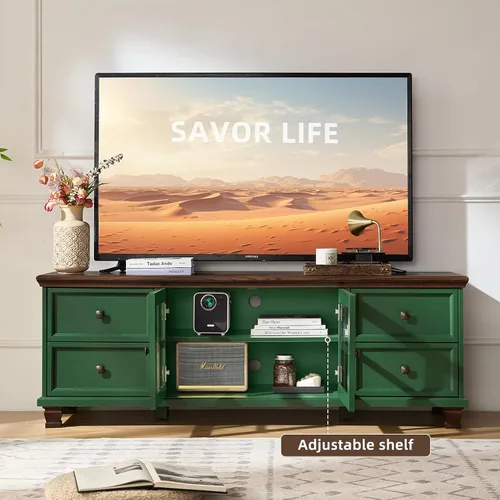 Miniatura 3 de SAVOR LIFE Soporte de TV de granja para sala de estar, centro de entretenimiento verde rústico con armario de almacenamiento, consola de TV