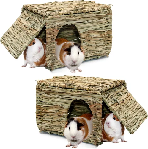 Miniatura 8 de BWOGUE Casa de césped grande para conejillos de indias, cabaña de paja tejida a mano, plegable, cama escondite de animales pequeños con aberturas