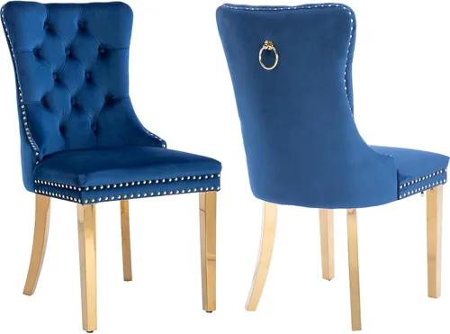 Miniatura 41 de Juego de 6 sillas de comedor de terciopelo, sillas tapizadas con respaldo alto capitoné con ribete de cabeza de clavo y anillo de tracción, patas